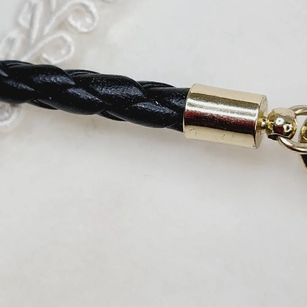 Lydell NYC Contemporary Necklace Black Leather Braided Cord Gold Tone Sliders